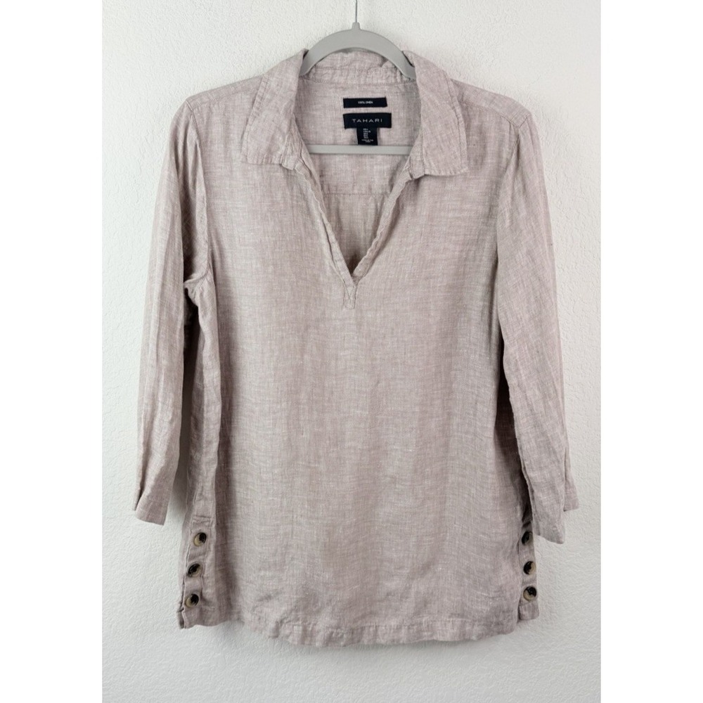 Tahari 100% Linen Tunic Top Sz L Taupe Popover 3/4 Sleeve Relaxed Coastal Beachy - Picture 1 of 5